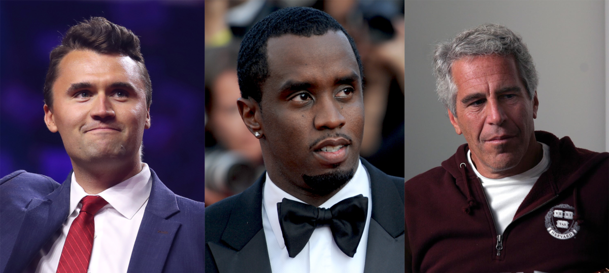 Pictured from left to right: Charlie Kirk, Sean ‘Diddy’ Combs, and Jeffrey Epstein