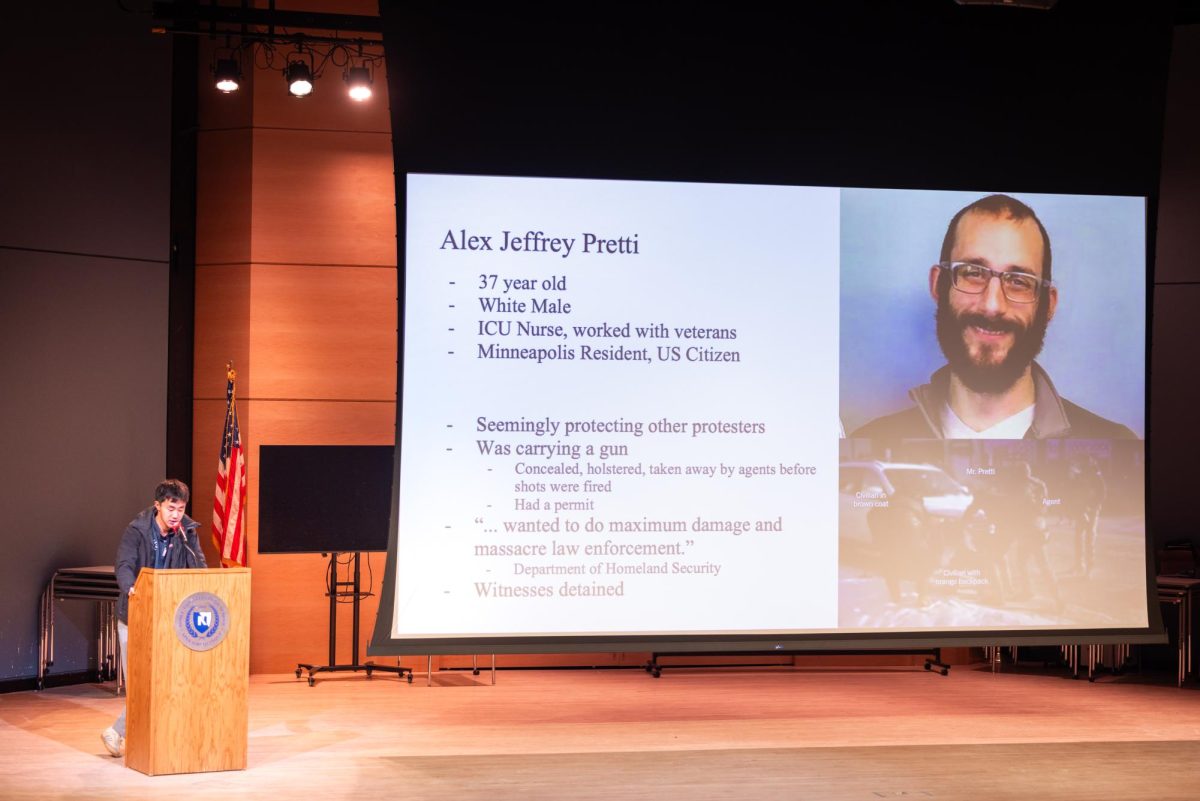 Anran Liu (Class I) speaking about Alex Pretti as part of the senior prefects’ presentation on ICE in assembly