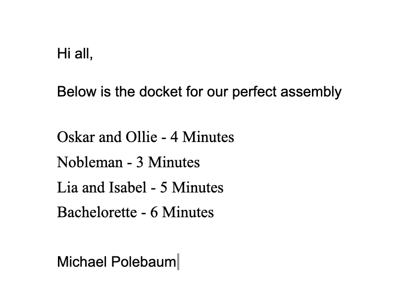 A docket for a perfect assembly