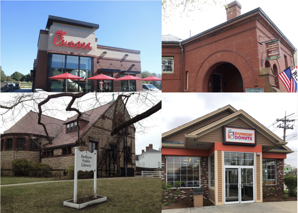 Depicted are several places Nobles Students receive perks in Dedham: Chick-fil-A, the Historical Society and Archives, the Public Library, and Dunkin’ Donuts.