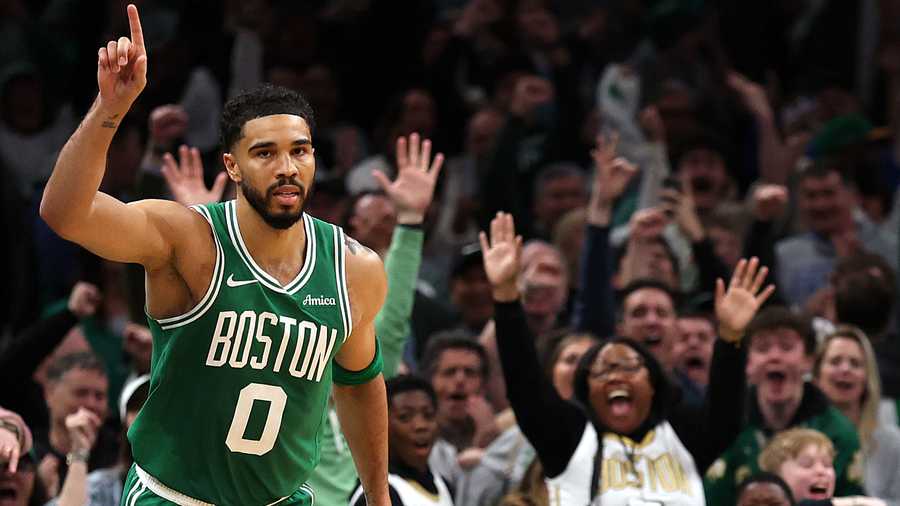 Jayson Tatum of the Boston Celtics celebrates after scoring against the Dallas Mavericks on March 6, 2026