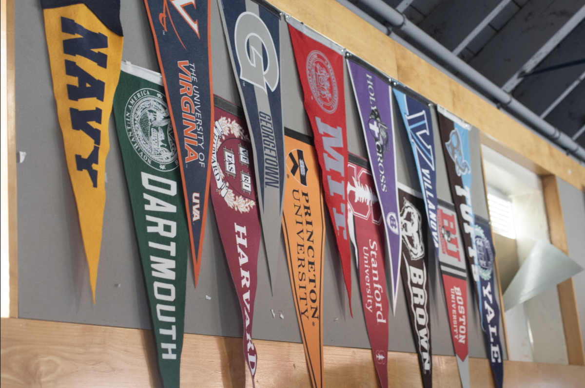 College and university banners displayed in Lister Crew Center