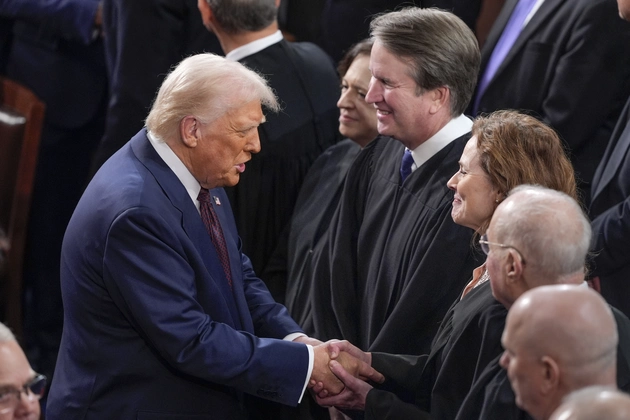 President Donald Trump, left, greets justices of the Supreme Court,
from left, Elena Kagan, Brett Kavanaugh and Amy Coney Barrett,
before addressing a join session of Congress at the Capitol in Washington, March 4, 2025